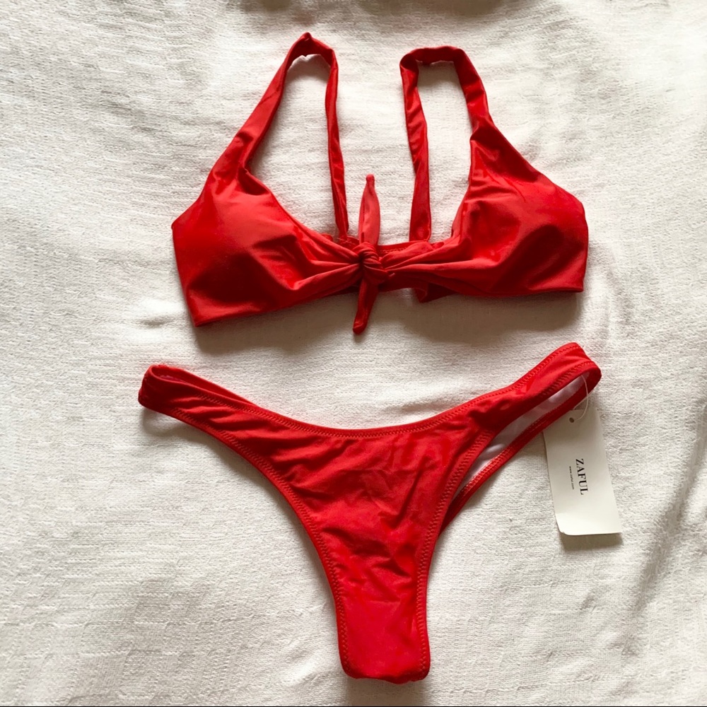 New Red Padded Knotted Thong Bikini size 8